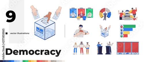 Democracy election voting and civic participation 2D vector illustration pack. Ballot box. Exit poll. Political flat characters isolated on white background. Colorful cartoon concept collection