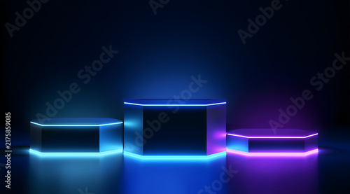 Three neon-lit, geometric platforms in blue and purple for product demonstrations.