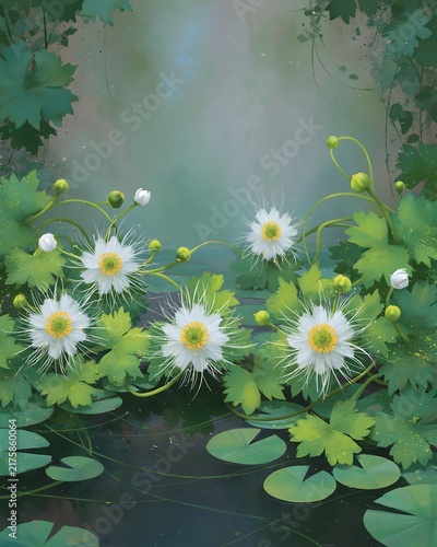 White wildflowers with yellow centers blooming among green leaves and lily pads