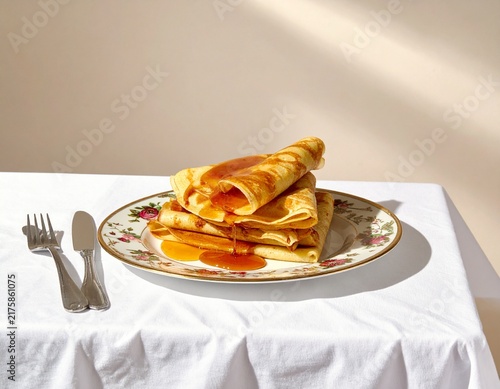 Crepes with golden syrup on an elegant floral plate, ready for a delicious sweet breakfast