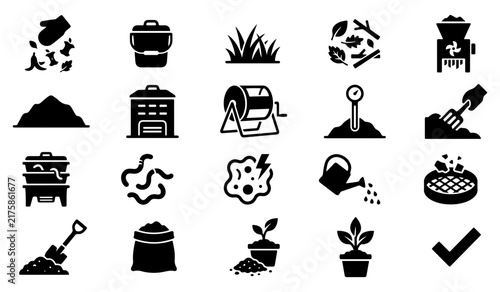 Vector black icons set of compost and organic waste recycling processes for ecological gardening and soil fertilization
