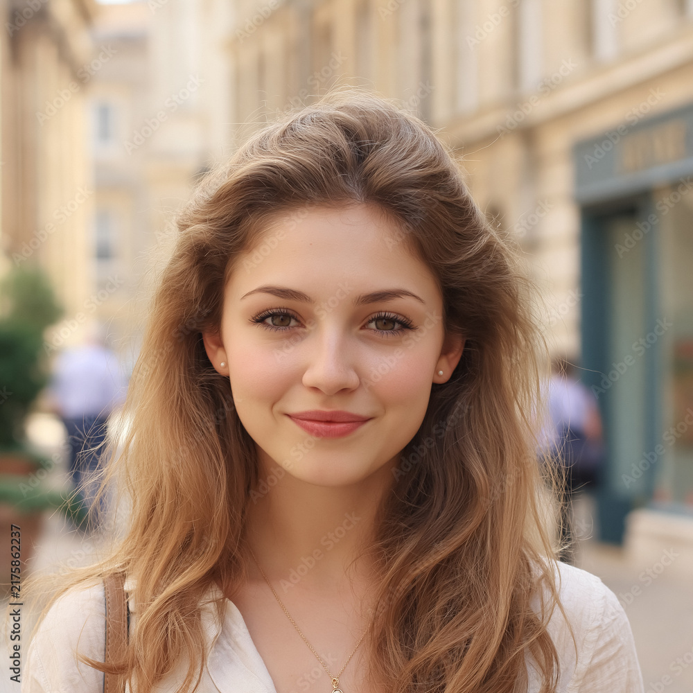 Obraz premium Smiling young woman, feeling happy and positive, posing for a headshot portrait outdoors in a city, enjoying everyday life