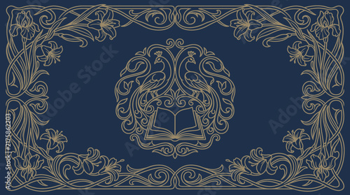 Elegant vintage art nouveau design with golden floral borders and peacocks framing an open book on a blue background