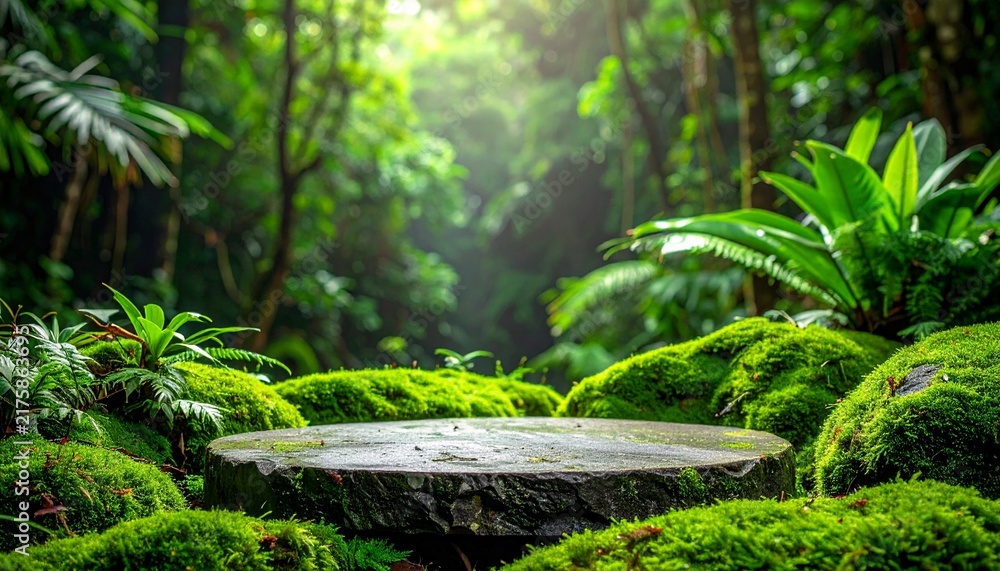 Obraz premium A beautiful natural stone podium pedestal for displaying products in a lush tropical jungle setting with vibrant green moss and sunlight beams.