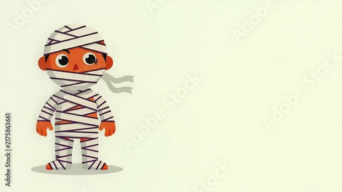 Cartoon mummy boy wrapped in bandages blinking on cream background