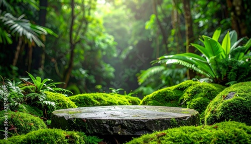 A beautiful natural stone podium pedestal for displaying products in a lush tropical jungle setting with vibrant green moss and sunlight beams.