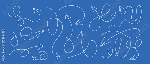 Set Of Hand-Drawn Cursive Swirly And Wavy White Arrows Vector Illustration Collection On Blue Background