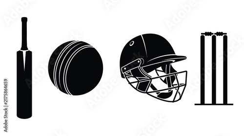 Cricket Equipment Silhouette Bat Ball Helmet And Wickets