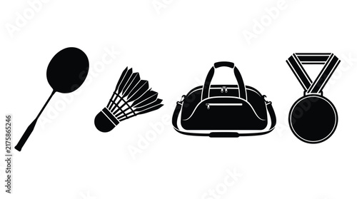 Badminton Equipment And Medal Silhouette Vector Illustration On White Background