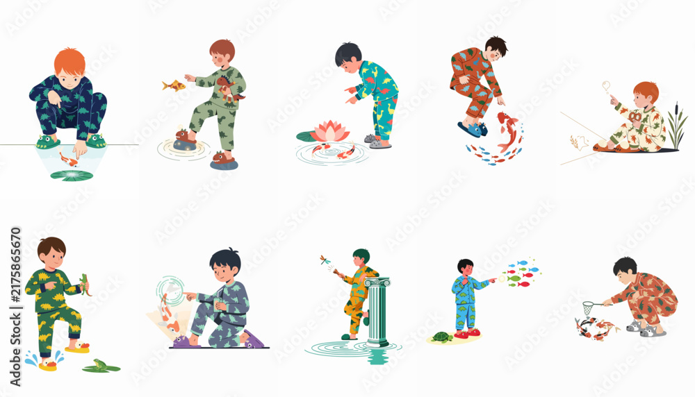 Fototapeta premium A collection of whimsical illustrations featuring young children in patterned pajamas interacting with fish and water in various playful scenes.