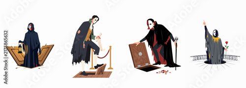 Принти на полотні Set of four gothic illustrations featuring a mysterious masked phantom in various theatrical poses with a lantern, skull cane, and red rose