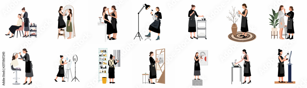 Obraz premium Professional Makeup Artist and Hair Stylist Illustrations Set Featuring Various Salon and Studio Scenes Isolated on a White Background