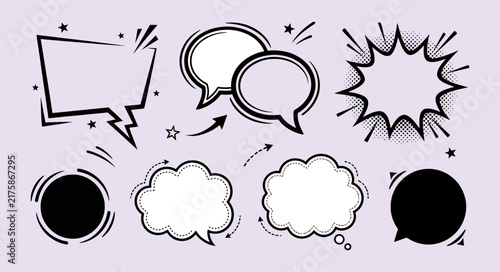 Comic speech bubbles set with paired conversation balloons star bursts and speed arrows