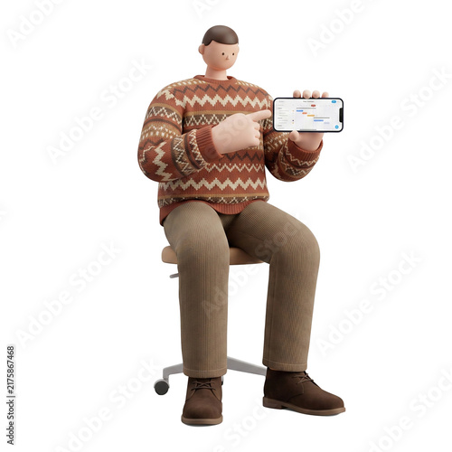 3D illustration of a faceless man sitting on a chair and pointing at a project schedule on a smartphone