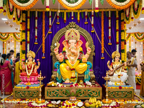 Lord Ganesha idol decorated for Ganesh Chaturthi festival with traditional floral decor