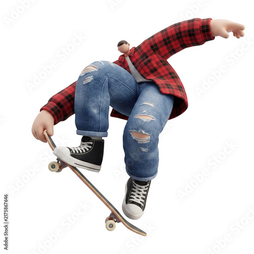 3D illustration of a faceless young man doing a skateboard trick mid-air