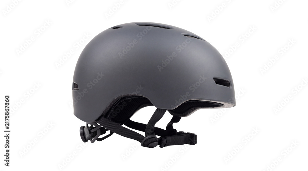 Fototapeta premium Matte grey bicycle helmet, modern urban skate helmet with adjustable straps, protective headgear for cycling and skating isolated PNG with Transparent Background