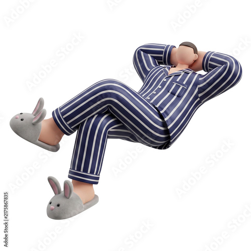 3D illustration of a faceless man in striped pajamas and bunny slippers relaxing mid-air