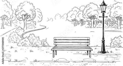 Tranquil public city park landscape sketch with wooden bench vintage street lamp post walkway and green trees vector
