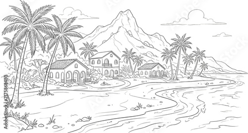 Tropical coastal village sketch featuring beachfront villas palm trees sandy shore ocean waves and giant volcanic mountain background vector