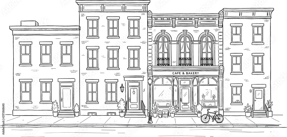 Obraz premium Urban street view cityscape line illustration featuring classic townhouses apartments and a storefront cafe bakery shop