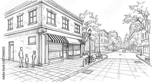 Urban street corner sketch featuring two story corner shop sidewalk tiles people walking bicycle rack and street view vector