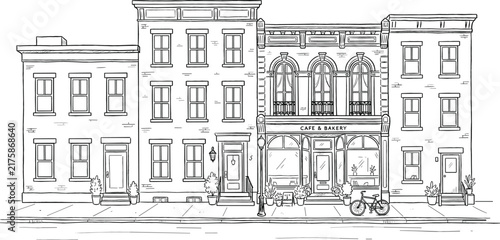 Urban street view cityscape line illustration featuring classic townhouses apartments and a storefront cafe bakery shop