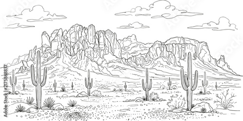 Wild desert landscape with saguaro cactus plants rocky mountains and clouds vector hand drawn sketch illustration