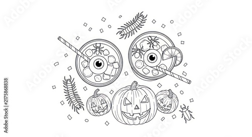 Spooky Halloween Drinks with Eyeballs, Pumpkins, and Insects - Line Art Illustration