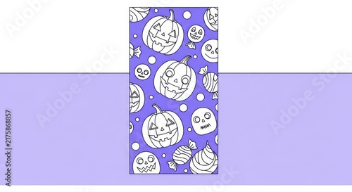 Spooky Halloween Jack-o-lanterns and Candies Pattern, Black and White Line Art on Purple Background