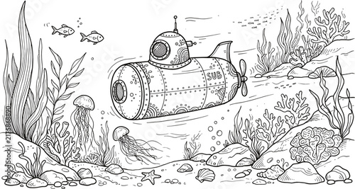 Vintage submarine exploring underwater sea depth with marine life corals jellyfish reef and aquatic plants illustration