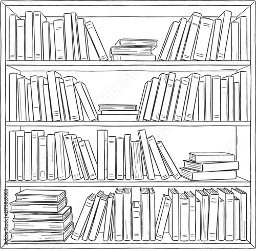 Wooden home library bookshelf filled with rows of diverse literature textbooks and stacked academic reading materials