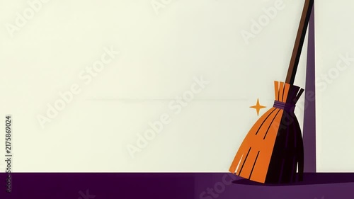 Witch broom leaning against wall with magic sparks Halloween animation