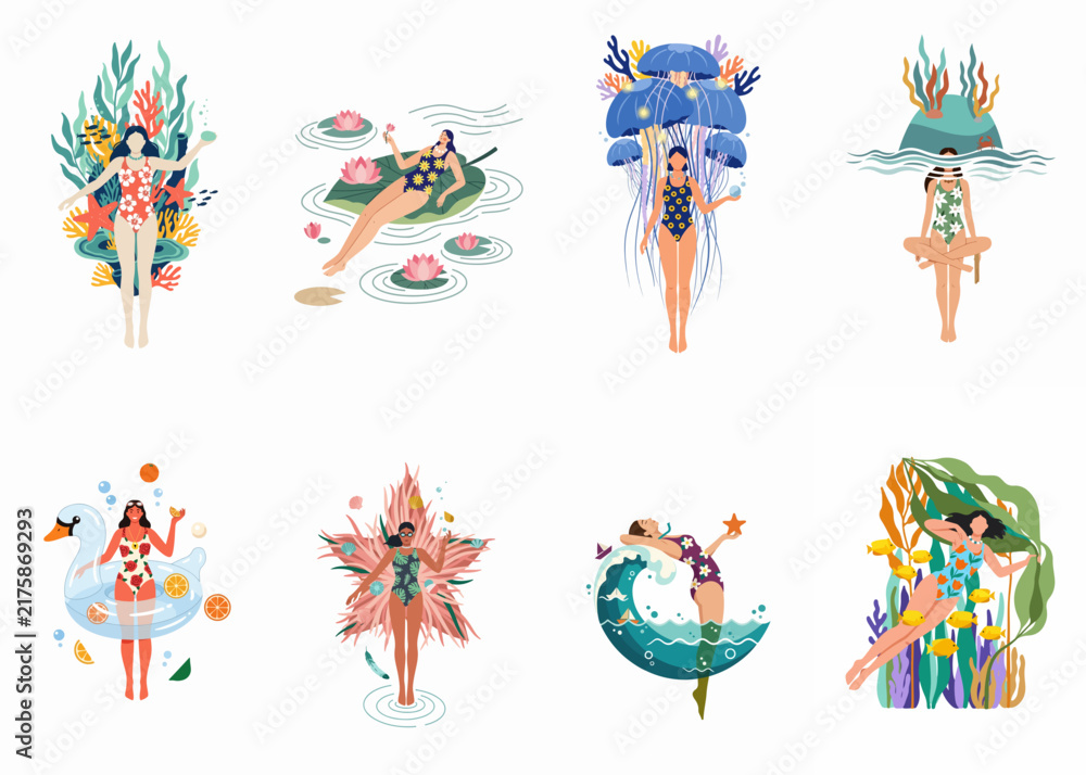 Fototapeta premium A collection of artistic illustrations featuring women in various creative and imaginative aquatic-themed scenarios and swimsuits on a white background.