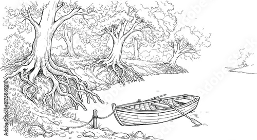 Wooden rowboat with oars tied to riverbank under large forest trees with exposed roots sketch style vector