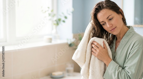 Woman gently drying her hair with a towel after a shower