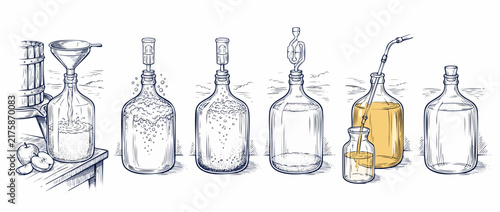 Photography Cider fermentation process diagram illustration showing step-by-step homebrewing winemaking siphon equipment and airlock carboy in vintage hand drawn woodcut line art style on white background