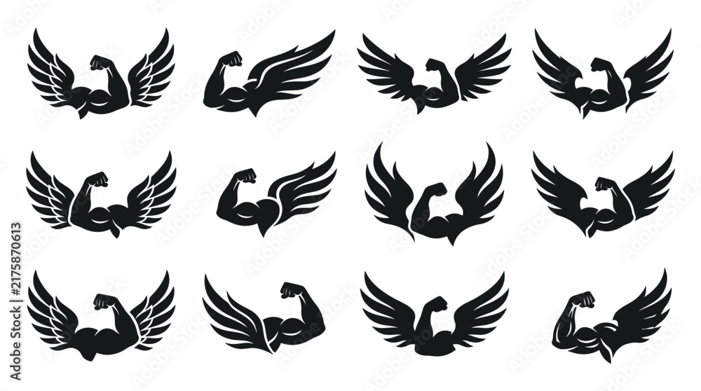 Fototapeta premium Collection of flexed muscle arm vector icons adorned with large majestic wings for powerful branding