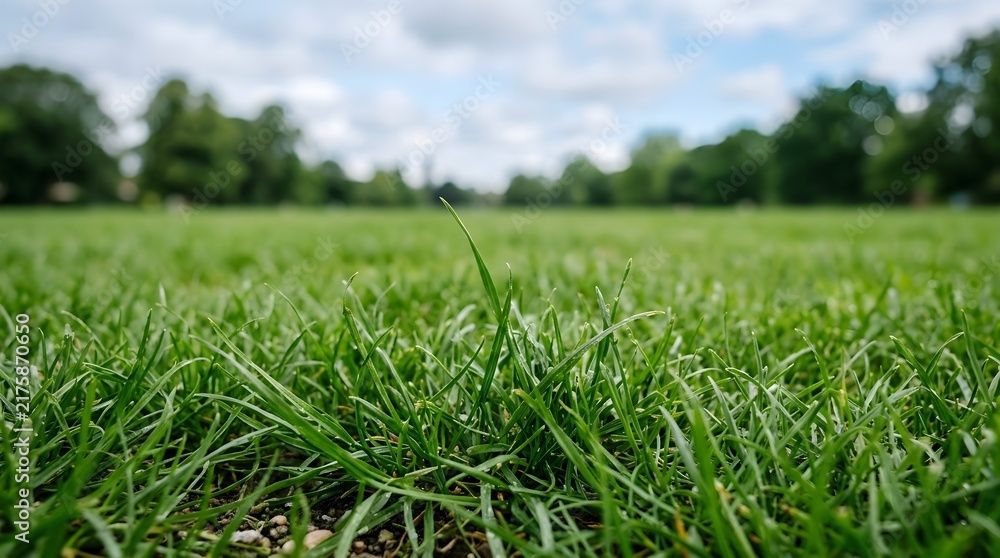 Obraz premium A vibrant lush green meadow extends gracefully towards a distant treeline beneath a cloudy overcast sky forming a tranquil peaceful landscape
