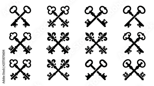 Large set of classic vintage crossed keys icons with various bow designs and decorative elements skeleton silhouette