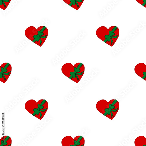 Hand drawn simple red heart-shaped gift boxes with green ribbons and bows seamless pattern
