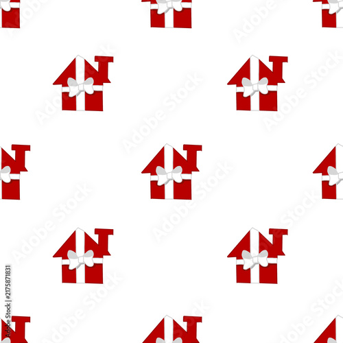 Hand drawn simple red house shaped present boxes with white bows seamless pattern