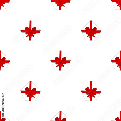 Hand drawn simple white pentagonal present boxes with red bows seamless pattern