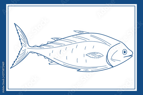 фотографія Tuna fish clipart for seafood packaging, restaurant menus and fish market materials, hand drawn blue vector doodle isolated on white background with rectangular frame