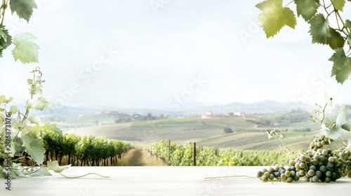 Serene vineyard landscape with lush green grapevines and soft, cloudy sky, evoking tranquility and natural beauty