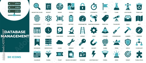 Comprehensive collection of fifty database management icons for technical software development and server interface dashboard design