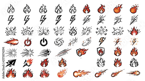 Fire Energy Lightning Doodle Brush Scribble Vector Icon Collection