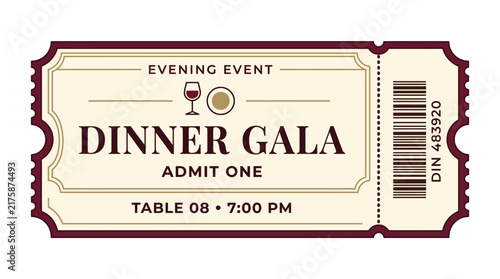 Elegant ticket for a Dinner Gala evening event, featuring 'DINNER GALA' prominently, with details for Table 08 at 7:00 PM.