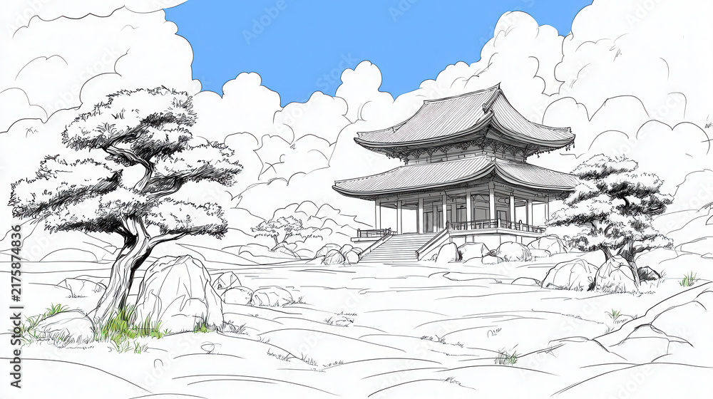 Obraz premium Serene landscape featuring traditional Japanese pagoda surrounded by trees and rocks, under bright blue sky with fluffy clouds