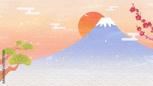 富士山と初日の出のお正月向け和風背景アニメーション 4K